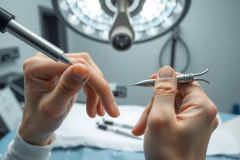 Close-up of dental instruments held by gloved hands. A surgical lamp illuminates the scene, suggesting a dental or surgical procedure. The image showcases precision and medical tools in a sterile environment.