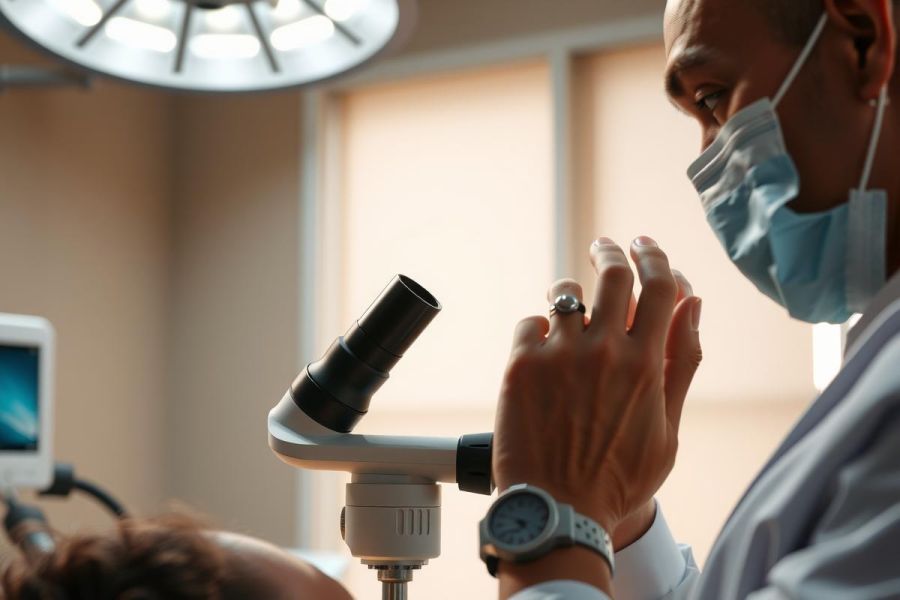 Dentist wearing a mask examines a patient's teeth with a microscope in a dental clinic. Focus is on the doctor's hands and equipment. Medical professional, oral health, examination.