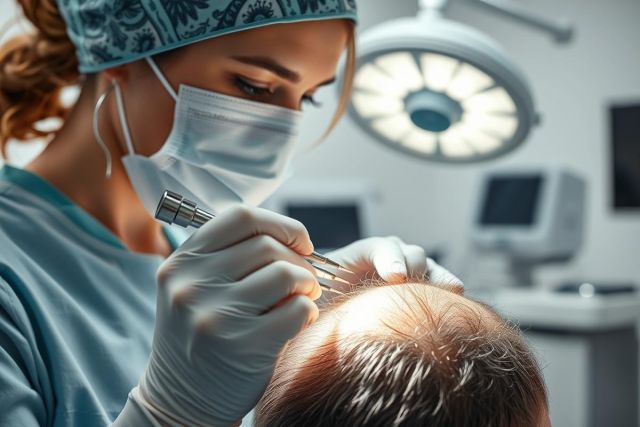 Hair transplant procedure in a modern medical clinic. A surgeon wearing a mask and gloves performs the treatment on a patient's head. Bright surgical lights illuminate the scene, showcasing precision and care in hair restoration.