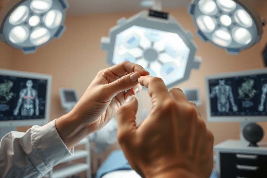 Surgeon's hands preparing for surgery, in an operating room setting. Visible are medical monitors displaying anatomical images, and surgical equipment. Sterile environment with bright overhead lights.