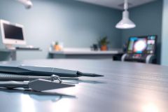 Surgical instruments laid on a stainless steel table in an operating room. Focus on the tools with a blurred background of medical equipment. Clean, sterile environment with cool tones.
