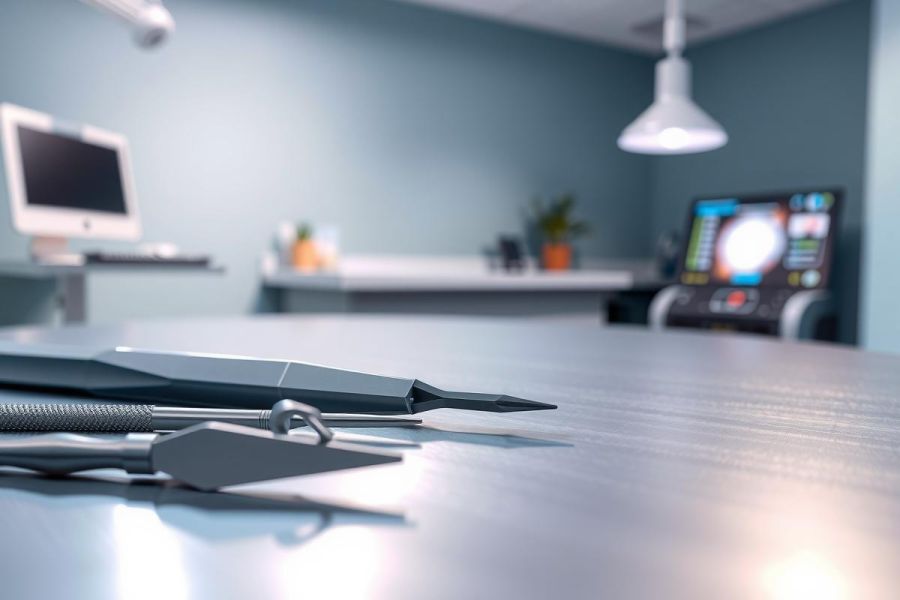 Surgical instruments laid on a stainless steel table in an operating room. Focus on the tools with a blurred background of medical equipment. Clean, sterile environment with cool tones.