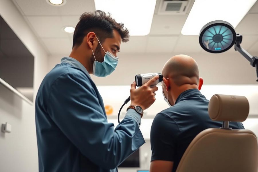 Doctor examining patient with an otoscope in a medical office. Healthcare professional wearing a mask and blue scrubs. Close-up view of the examination process.