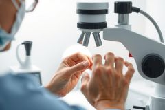 Scientist examining a sample under a microscope in a lab setting. Focus on precision and detail with white lab coat and equipment, indicative of research or medical analysis.
