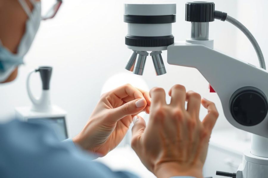 Scientist examining a sample under a microscope in a lab setting. Focus on precision and detail with white lab coat and equipment, indicative of research or medical analysis.