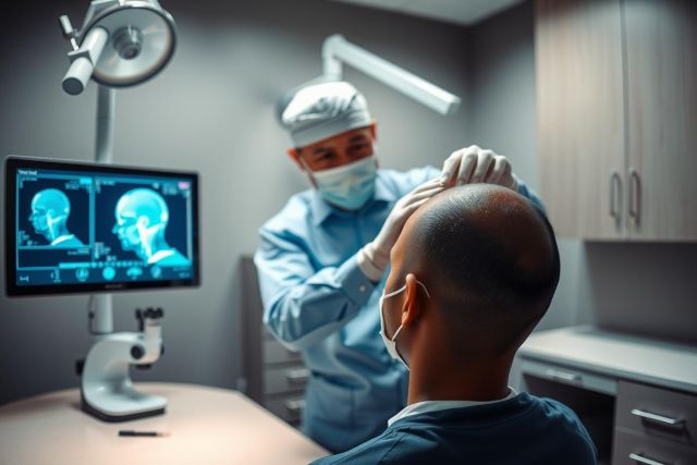Doctor examining a patient's head in a medical setting. The doctor wears a mask and gloves. X-ray image of a head is visible on a monitor. Focus on healthcare, diagnosis, and medical examination.