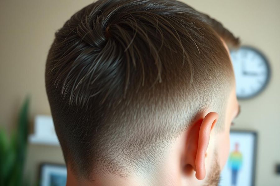 Close-up of a person's back of the head, showcasing a modern haircut with short, tapered sides. The background includes a blurred room with plants and artwork. Focus on hair texture and style.