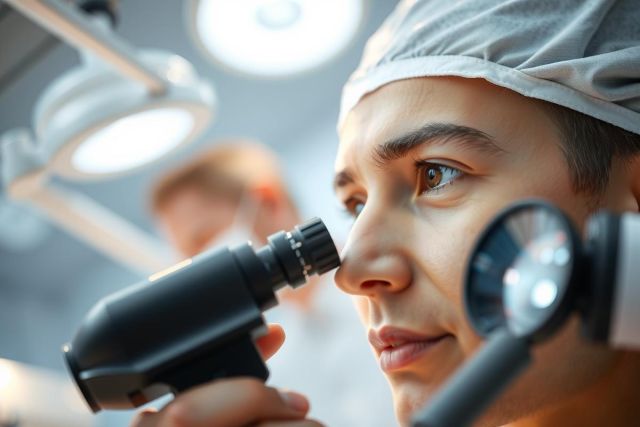 A surgeon examines with a magnifying glass during a medical procedure in an operating room. Focus on precision and healthcare expertise.