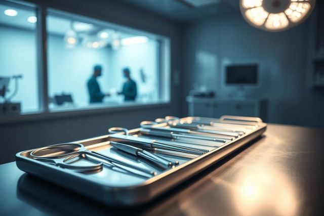 Surgical instruments neatly arranged on a stainless steel tray in an operating room. Blurred background shows medical professionals and equipment, creating a sterile, blue-toned atmosphere. Focus on surgical tools, healthcare, and medical setting.