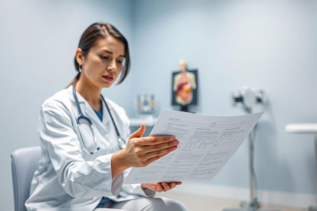 Focused female doctor in a light blue medical office reviewing patient charts. She's wearing a white coat and stethoscope, examining documents with a serious expression. A medical torso model is visible in the background.