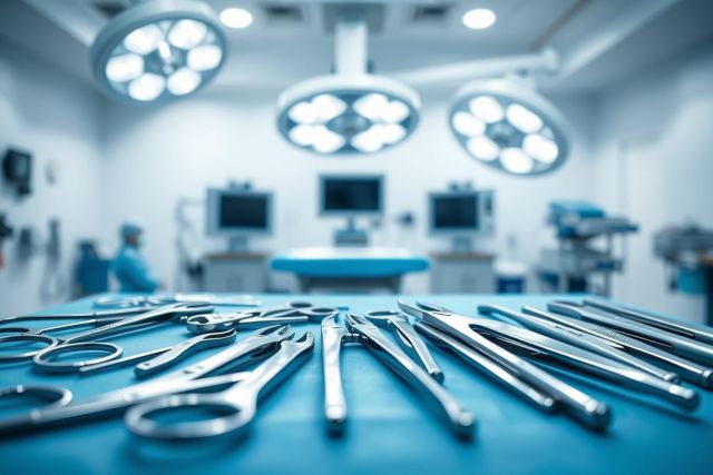 Surgical instruments arranged on a blue sterile table in an operating room. Bright overhead lights illuminate the scene, with blurred medical equipment and staff in the background. A clean, clinical environment evokes a healthcare setting.