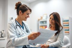 Doctor and patient consultation in a bright, modern medical office. A female doctor in a white coat reviews paperwork with a smiling patient. Healthcare, medical exam, and wellness concepts are depicted in this image featuring warm, neutral tones.