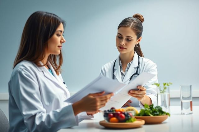 Doctor consulting with a patient about nutrition. The scene features two women, one in a white coat, reviewing documents with a bowl of fruit and vegetables on a table in a bright, modern office setting. Focus on healthcare, diet, and wellness themes.