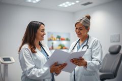 Two female doctors in white coats and stethoscopes review patient charts in a bright, modern medical clinic. The scene features a clean, white interior with a shelf of fruits and vegetables, suggesting a focus on wellness and healthy living. Professional healthcare setting.