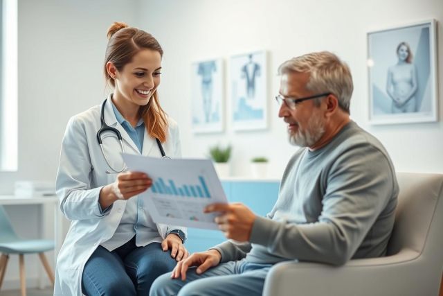 Doctor discussing medical chart with elderly patient in a bright, modern clinic. The scene features a female doctor in a white coat reviewing data with a male patient, emphasizing healthcare consultation and patient care. Blue and white tones dominate the room's decor.
