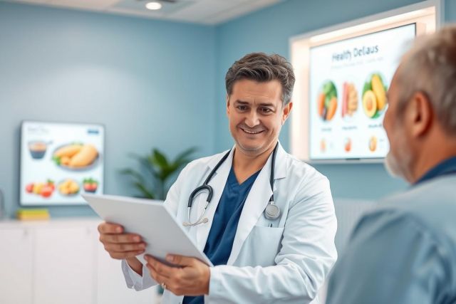 Doctor consults with a patient in a bright, modern clinic. The physician, wearing a white coat and stethoscope, examines a tablet while discussing health details displayed on a screen featuring healthy foods. Blue walls and a positive atmosphere create a welcoming environment.