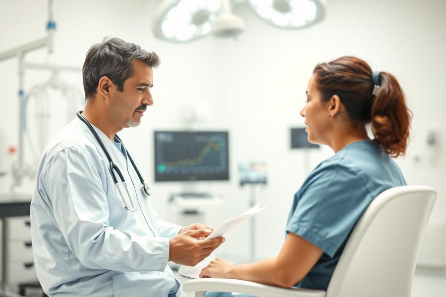 Doctor and nurse in a bright, modern hospital setting. The doctor examines a document while speaking with a healthcare professional, suggesting a medical consultation or review. Features include medical equipment and a focus on patient care.