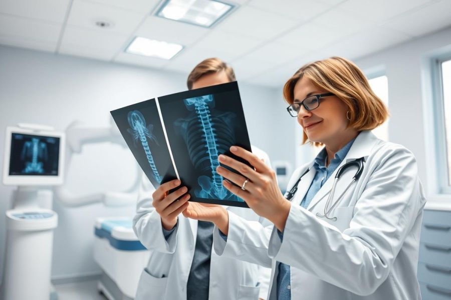 Doctors examining X-ray images in a modern medical clinic. The image depicts healthcare professionals reviewing spinal scans, showcasing diagnostic procedures and medical technology. Bright, clean environment with white walls and blue accents. Focus on radiology and patient care.