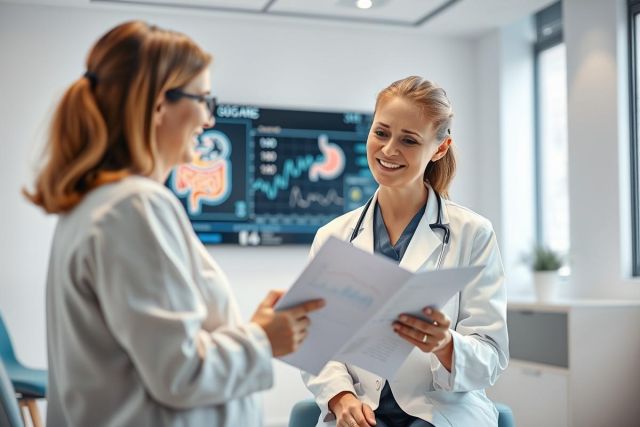 Doctor consulting with a patient in a bright, modern medical clinic. The scene features a female doctor in a white coat reviewing paperwork with a patient. A digestive system diagram is visible on a screen in the background. Focus on healthcare, consultation, and medical examination.