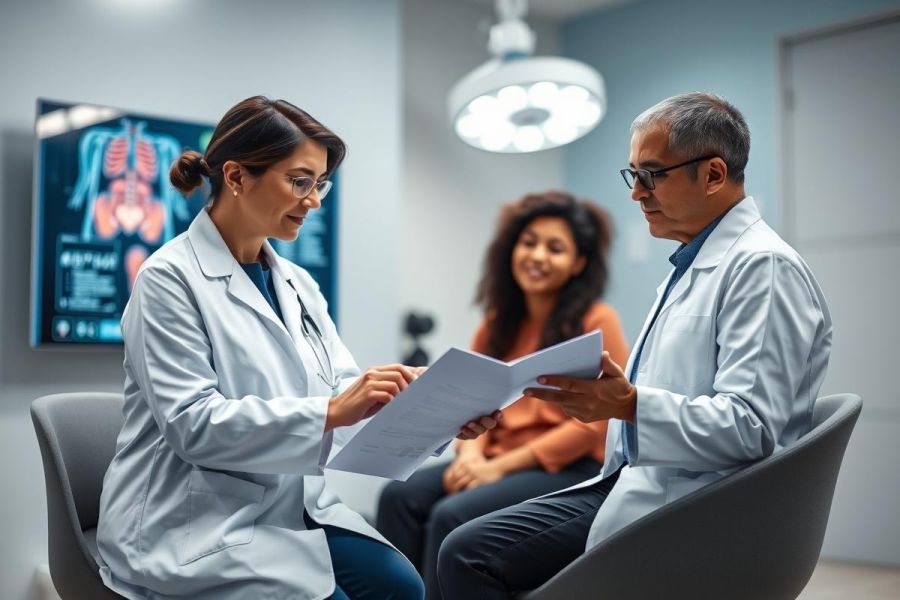 Doctor consultation in a modern medical clinic. Two doctors, one male and one female in white coats, review documents with a patient. Diagnostic imaging displayed on a screen in the background. Healthcare professionals, patient care, and medical examination scene.