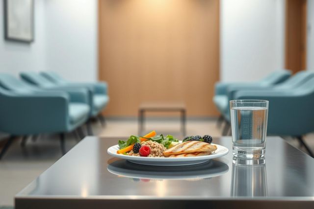 Healthy meal on a plate with grilled chicken, greens, and berries, alongside a glass of water. Set in a modern waiting room with teal chairs and a neutral color palette, suggesting wellness or a healthy lifestyle concept.