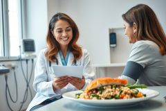 Doctor discussing nutrition with a patient in a bright, modern clinic. A healthy salmon and vegetable dish sits on the table, emphasizing dietary advice and wellness. Medical professional, healthcare, healthy eating.
