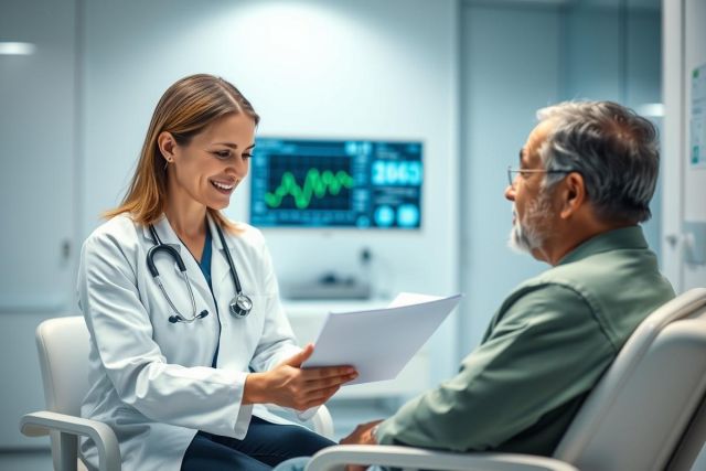 Healthcare professional consults with a senior patient in a modern clinic. A female doctor wearing a stethoscope reviews documents with an elderly man, promoting wellness and medical care. The scene features a bright, clean environment with medical monitoring equipment visible in the background.