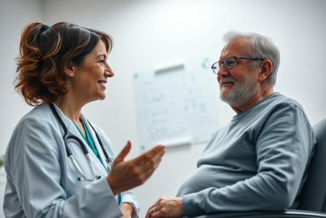 Doctor consulting with senior patient in a medical office. The scene features a female healthcare professional in a blue coat and an elderly man with glasses, conveying a focus on healthcare, patient care, and geriatric medicine. The background is a clean, white clinical setting.