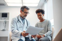 Doctor reviewing medical documents with a young patient in a bright, modern clinic. Healthcare consultation, medical examination, and patient care are key themes. Focus on professional medical setting and doctor-patient relationship.  