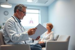 Doctor in a modern clinic reviewing medical records with a patient seated nearby. The scene features soft blue walls, neutral furniture, and a poster of lungs. Healthcare, patient consultation, and medical examination themes are prominent.