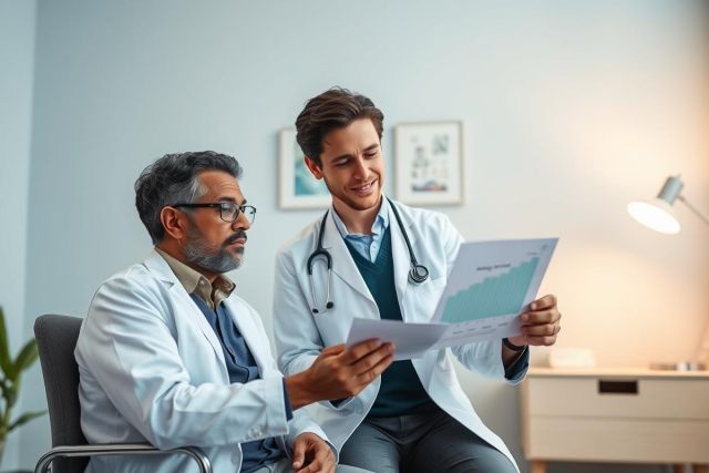 Two doctors in white coats review a medical chart in a bright, modern office setting. The image depicts healthcare professionals discussing patient data, showcasing collaboration and medical analysis. Blue and white tones dominate the scene, conveying a professional atmosphere.