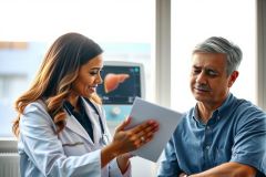 Doctor shows patient ultrasound results on a tablet in a clinic. Healthcare professional discusses medical imaging with a male patient. Modern medical environment with diagnostic equipment visible.