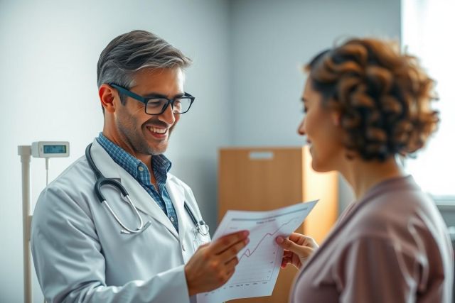 Doctor showing test results to patient in a clinic. Medical professional wearing a white coat, examining a report with a female patient. Healthcare setting, professional consultation.