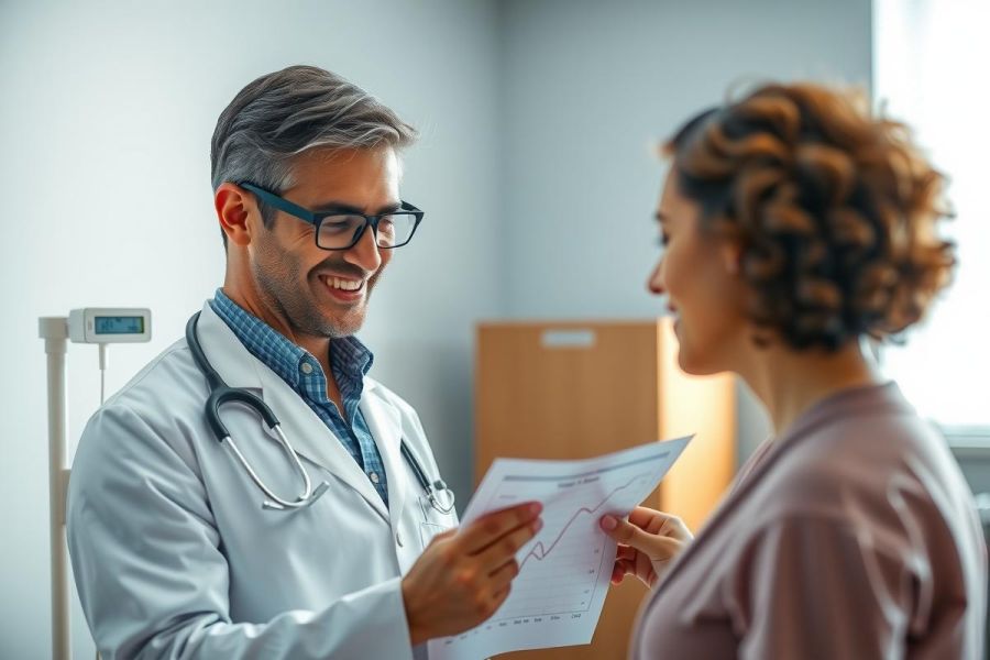 Doctor showing test results to patient in a clinic. Medical professional wearing a white coat, examining a report with a female patient. Healthcare setting, professional consultation.