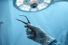 Close-up of a gloved hand holding surgical forceps in an operating room setting. Bright overhead surgical light illuminates the scene. Blue and silver tones dominate, highlighting medical instruments and sterile environment. Focus on precision and surgical procedures.