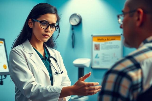 A female doctor in a white coat and glasses speaks with a patient in an examination room. The room has a blue wall and medical equipment. A friendly healthcare setting.