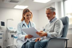 Doctor consults with a patient in a bright, modern clinic. A female healthcare professional reviews documents with a senior man. Medical examination, healthcare services, and patient care are depicted in a professional setting with a focus on wellness and communication.