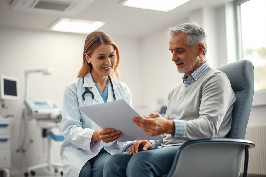 Doctor consults with a patient in a bright, modern clinic. A female healthcare professional reviews documents with a senior man. Medical examination, healthcare services, and patient care are depicted in a professional setting with a focus on wellness and communication.