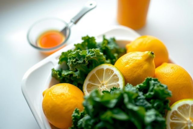 Close-up of lemons and kale on a white surface. Bright citrus fruits and green leafy vegetables create a vibrant, healthy still life. Fresh ingredients for a delicious recipe or wellness concept.