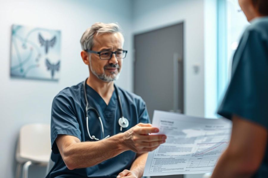 A male doctor in blue scrubs, wearing glasses, consults with a patient in a modern, bright medical office. He's presenting paperwork, suggesting a healthcare consultation or review of medical records. The scene conveys a professional and caring medical environment.