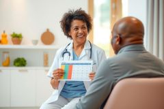 A healthcare professional in scrubs presents data to a patient during a consultation. The scene takes place in a bright, modern clinic setting. Focus is on patient care and medical information.