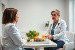 Doctor consults with a patient about healthy eating in a bright, modern clinic. A tray of fresh vegetables, fruits, and a glass of orange juice sits on the table, promoting nutrition and wellness. Focus on health, diet, and medical consultation.