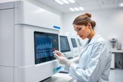 Scientist in a modern laboratory analyzing blood sample with medical equipment. White lab coat, sterile gloves, and advanced diagnostic technology visible. Focus on healthcare, research, and medical analysis.