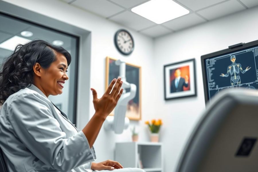 Doctor in a clinic examining an X-ray on a monitor. She is smiling and appears to be explaining something. The room has a warm, professional atmosphere with plants and artwork.