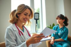 Medical professionals in scrubs reviewing patient records in a brightly lit clinic setting. The image features a doctor and nurse, highlighting healthcare and patient care.