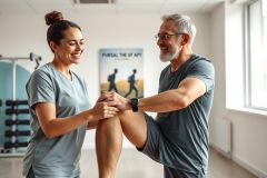 Physical therapist assisting a man with knee rehabilitation exercises in a bright, modern gym. The scene features a smiling therapist and patient, showcasing fitness, recovery, and healthcare in a light-filled, blue and white environment.