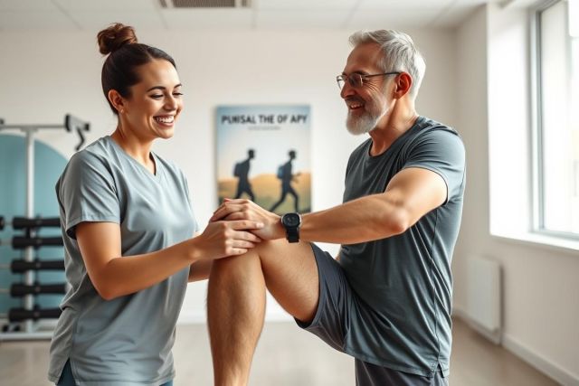 Physical therapist assisting a man with knee rehabilitation exercises in a bright, modern gym. The scene features a smiling therapist and patient, showcasing fitness, recovery, and healthcare in a light-filled, blue and white environment.