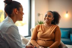 Two women engaged in conversation, sitting on a comfortable sofa in a modern living room. Warm lighting and neutral colors create a cozy atmosphere. Focus on female friendship and relaxed setting.