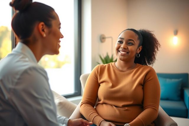 Two women engaged in conversation, sitting on a comfortable sofa in a modern living room. Warm lighting and neutral colors create a cozy atmosphere. Focus on female friendship and relaxed setting.