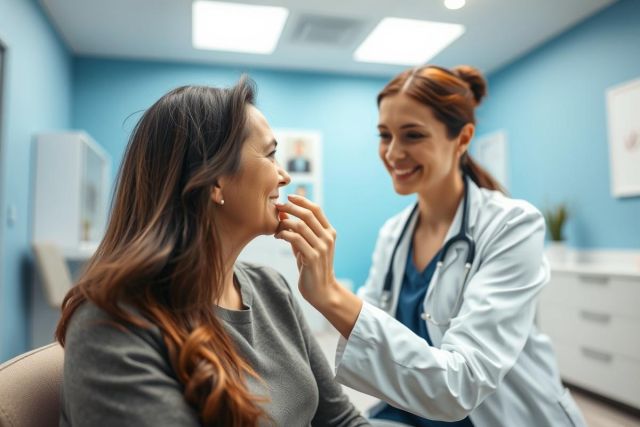 Doctor examining a patient's face in a bright, blue medical office. Healthcare professional consultation, wellness checkup, and friendly doctor-patient interaction depicted in a modern clinical setting. 